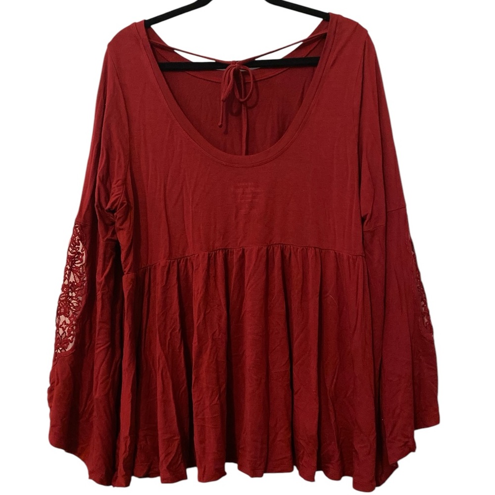 Torrid Babydoll Super Soft Scoop Neck Lace Bell Sleeve Tee Size 2 Rio Red Boho - Picture 13 of 15